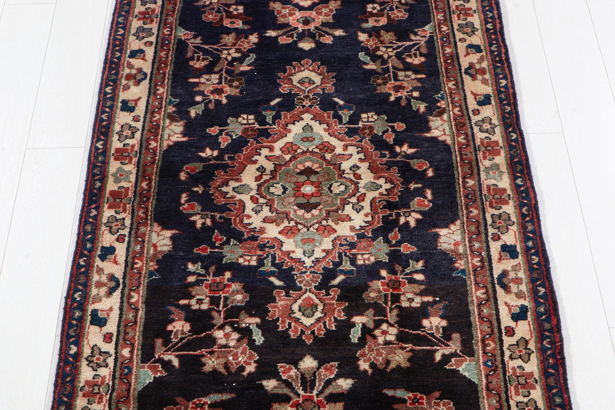 Vintage Deep Navy Blue Geometric Runner Rug – 10' 4" x 3' 5" (314 x 105 cm)