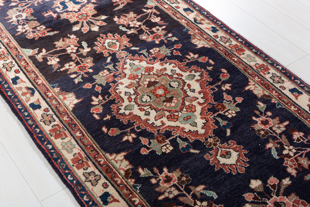 Vintage Deep Navy Blue Geometric Runner Rug – 10' 4" x 3' 5" (314 x 105 cm)
