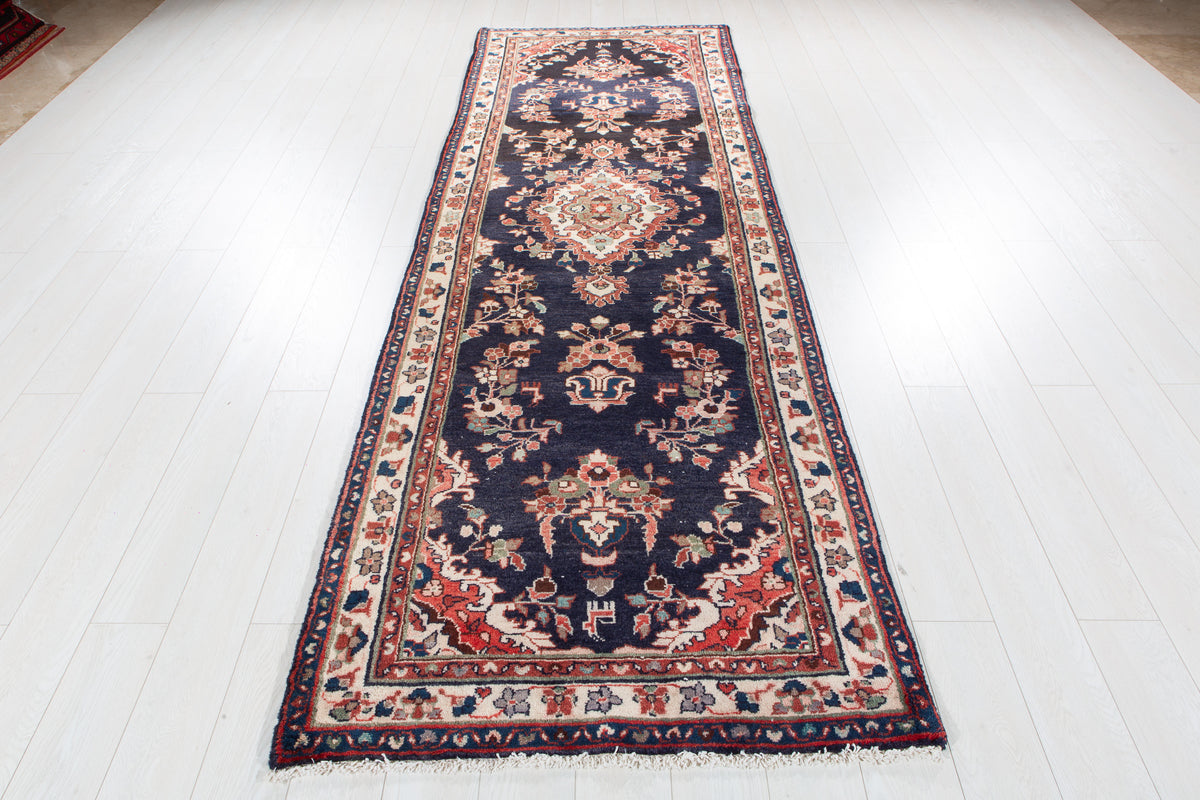 Vintage Deep Navy Blue Geometric Runner Rug – 10' 4" x 3' 5" (314 x 105 cm)