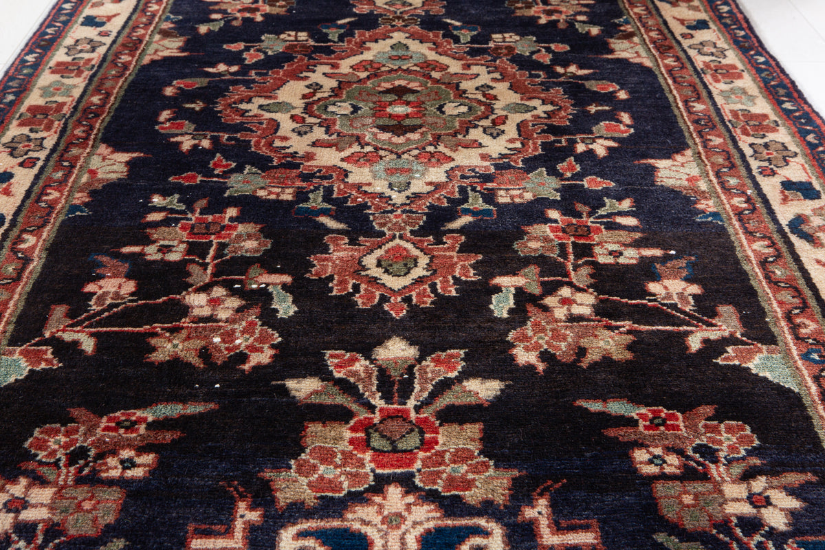 Vintage Deep Navy Blue Geometric Runner Rug – 10' 4" x 3' 5" (314 x 105 cm)