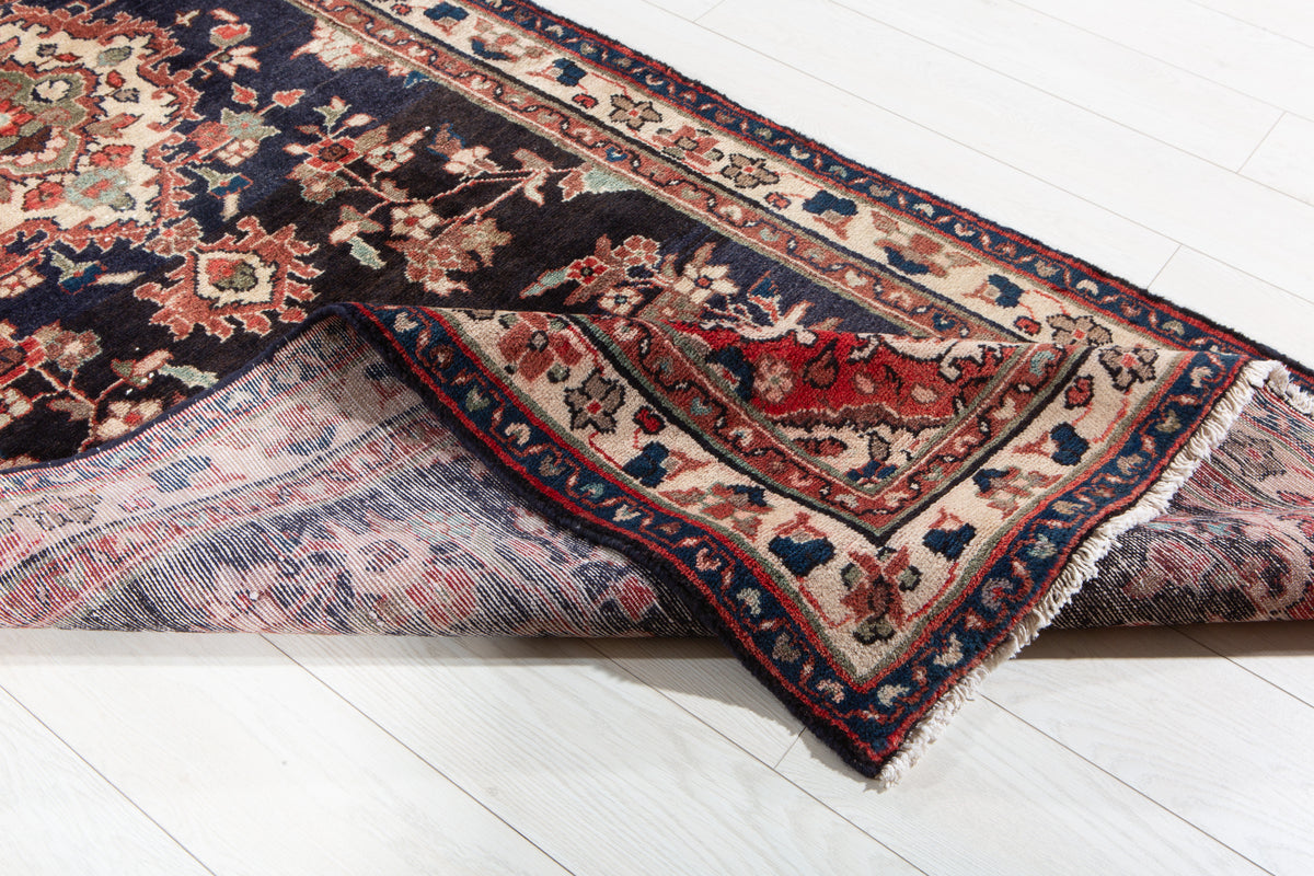 Vintage Deep Navy Blue Geometric Runner Rug – 10' 4" x 3' 5" (314 x 105 cm)