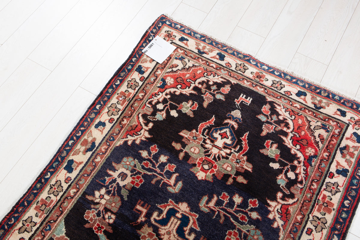 Vintage Deep Navy Blue Geometric Runner Rug – 10' 4" x 3' 5" (314 x 105 cm)
