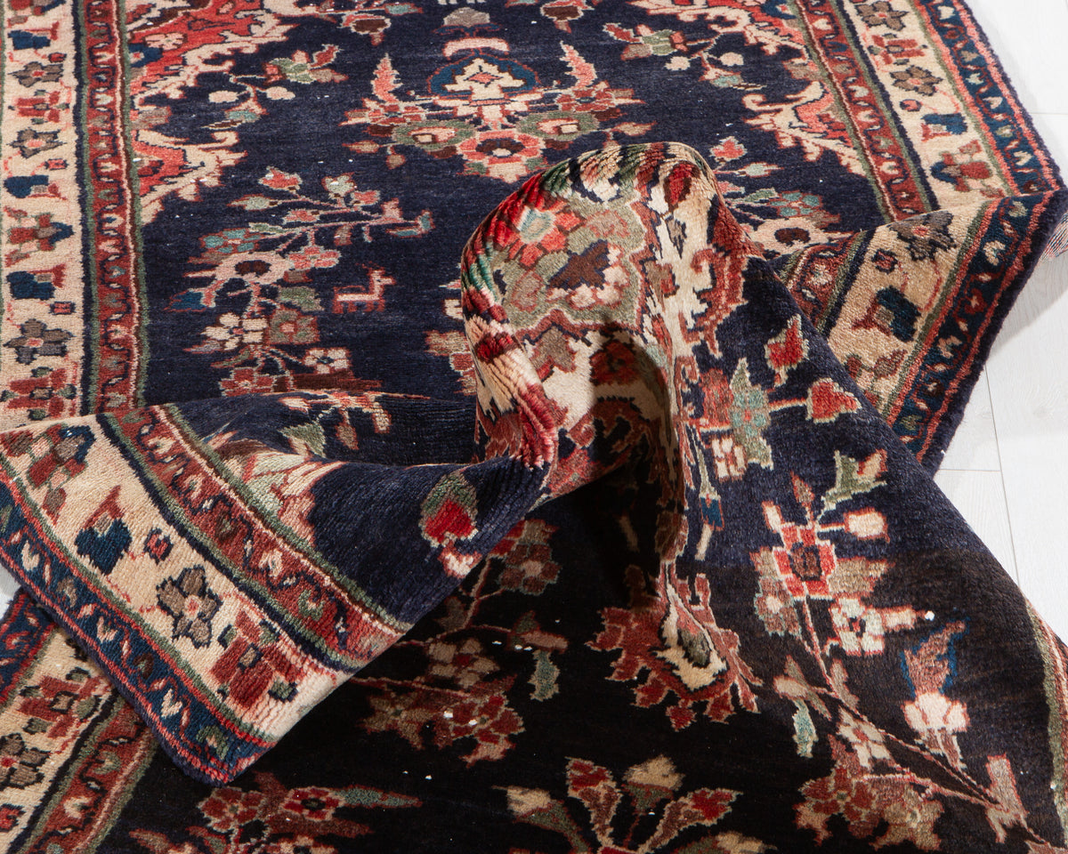 Vintage Deep Navy Blue Geometric Runner Rug – 10' 4" x 3' 5" (314 x 105 cm)