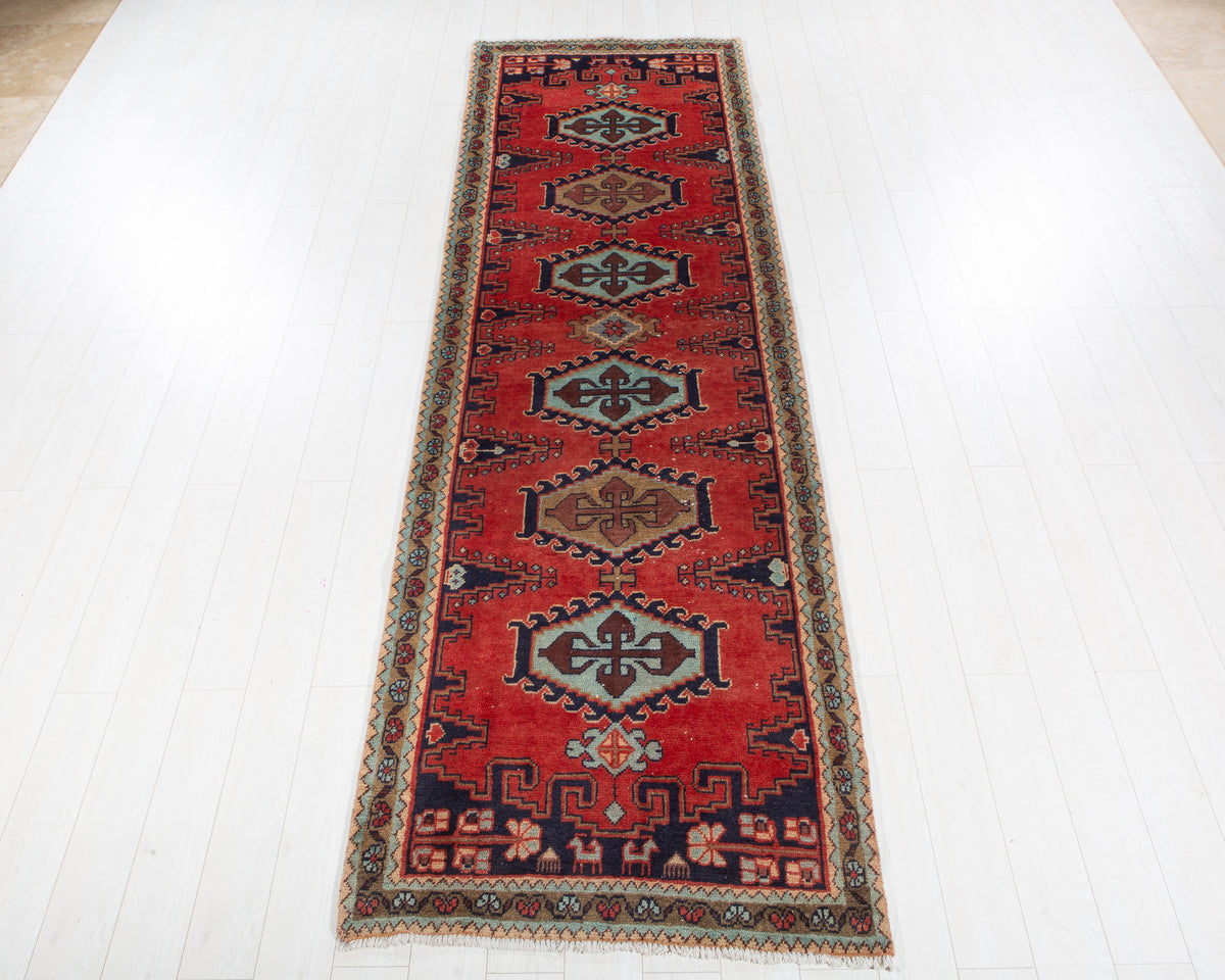 Vintage Orange-Red Geometric Runner Rug – 11' 3" x 3' 6" (342 x 106 cm)