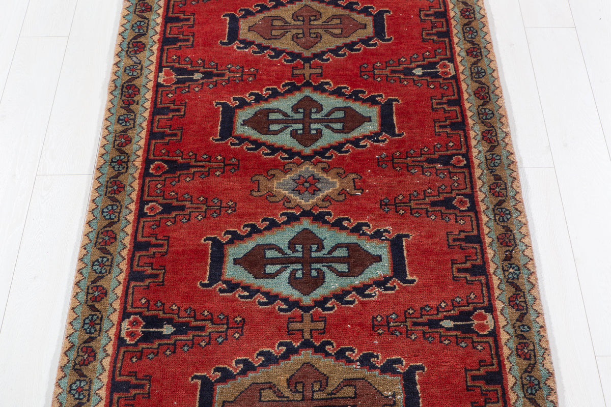 Vintage Orange-Red Geometric Runner Rug – 11' 3" x 3' 6" (342 x 106 cm)
