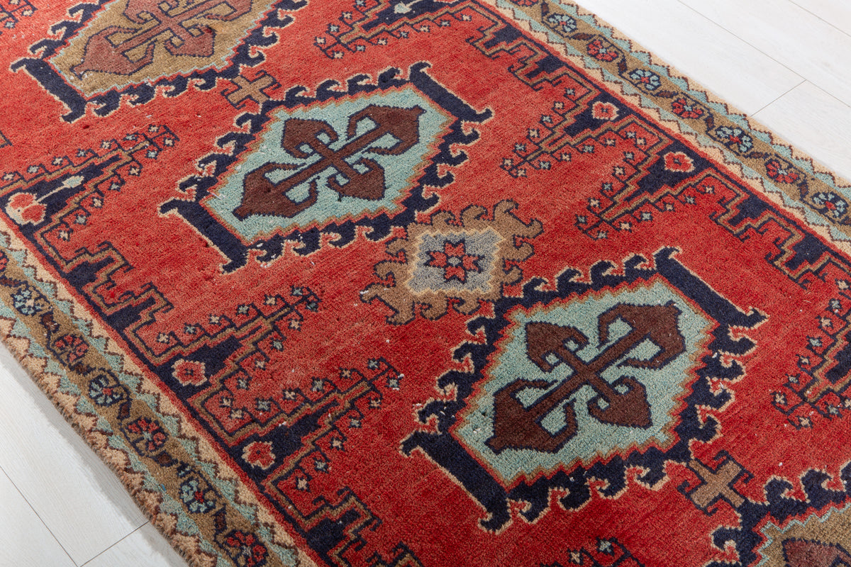 Vintage Orange-Red Geometric Runner Rug – 11' 3" x 3' 6" (342 x 106 cm)