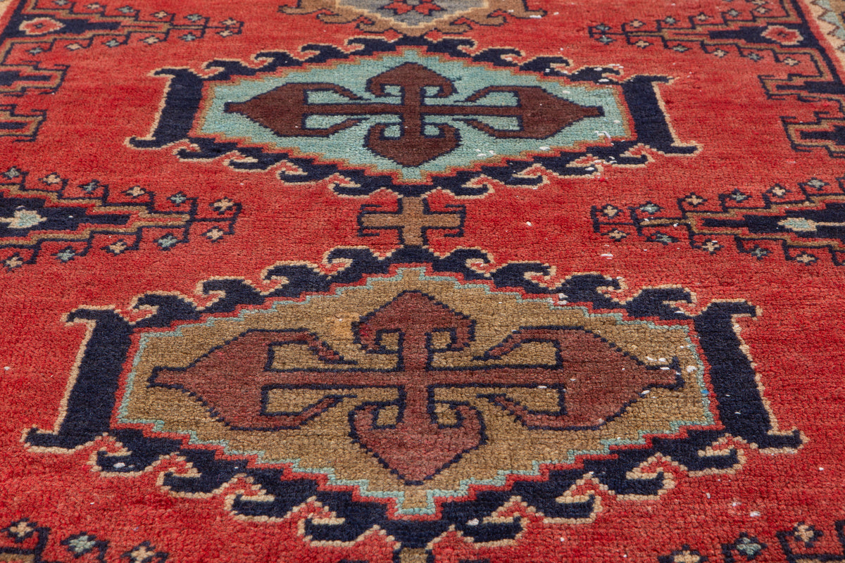 Vintage Orange-Red Geometric Runner Rug – 11' 3" x 3' 6" (342 x 106 cm)