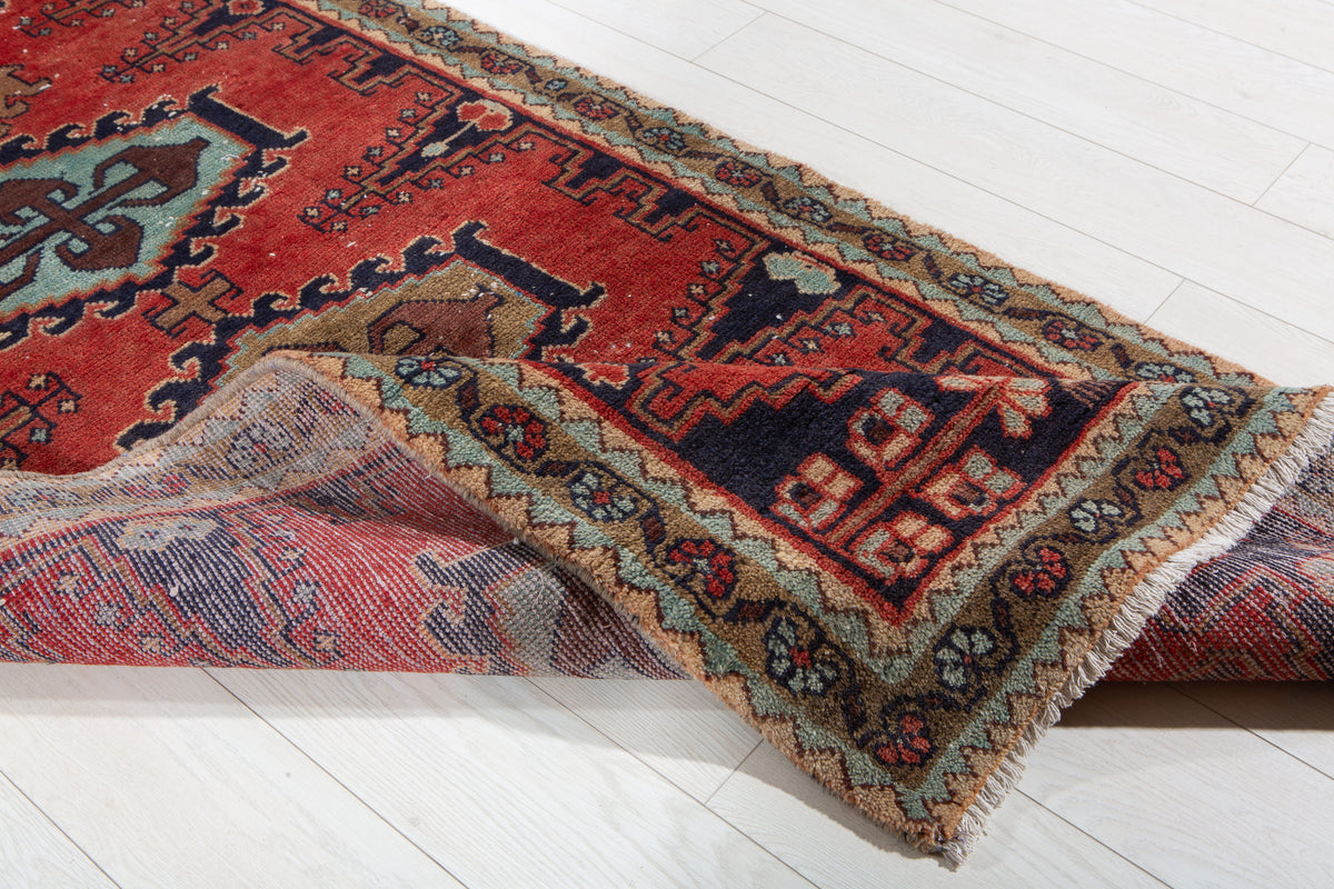 Vintage Orange-Red Geometric Runner Rug – 11' 3" x 3' 6" (342 x 106 cm)