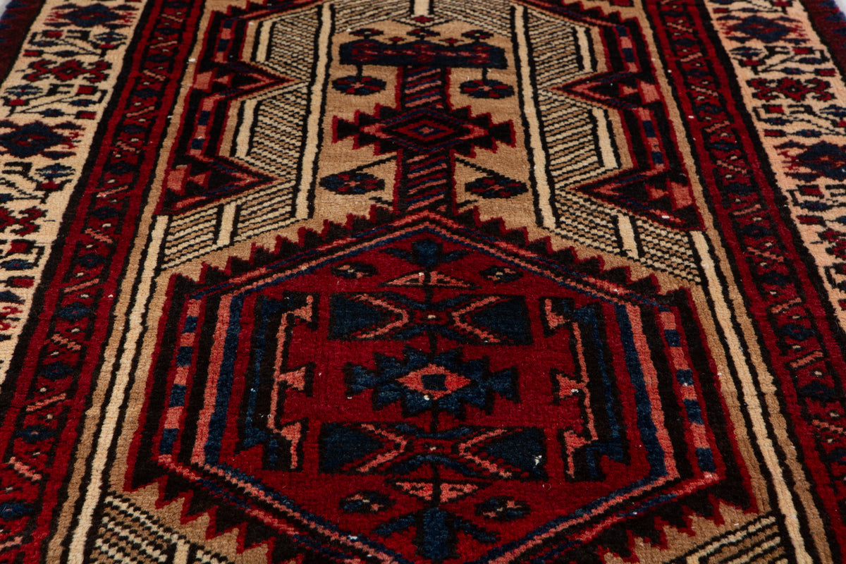 Antique Camel Brown Geometric Runner Rug – 11' 4" x 2' 8" (345 x 81 cm)