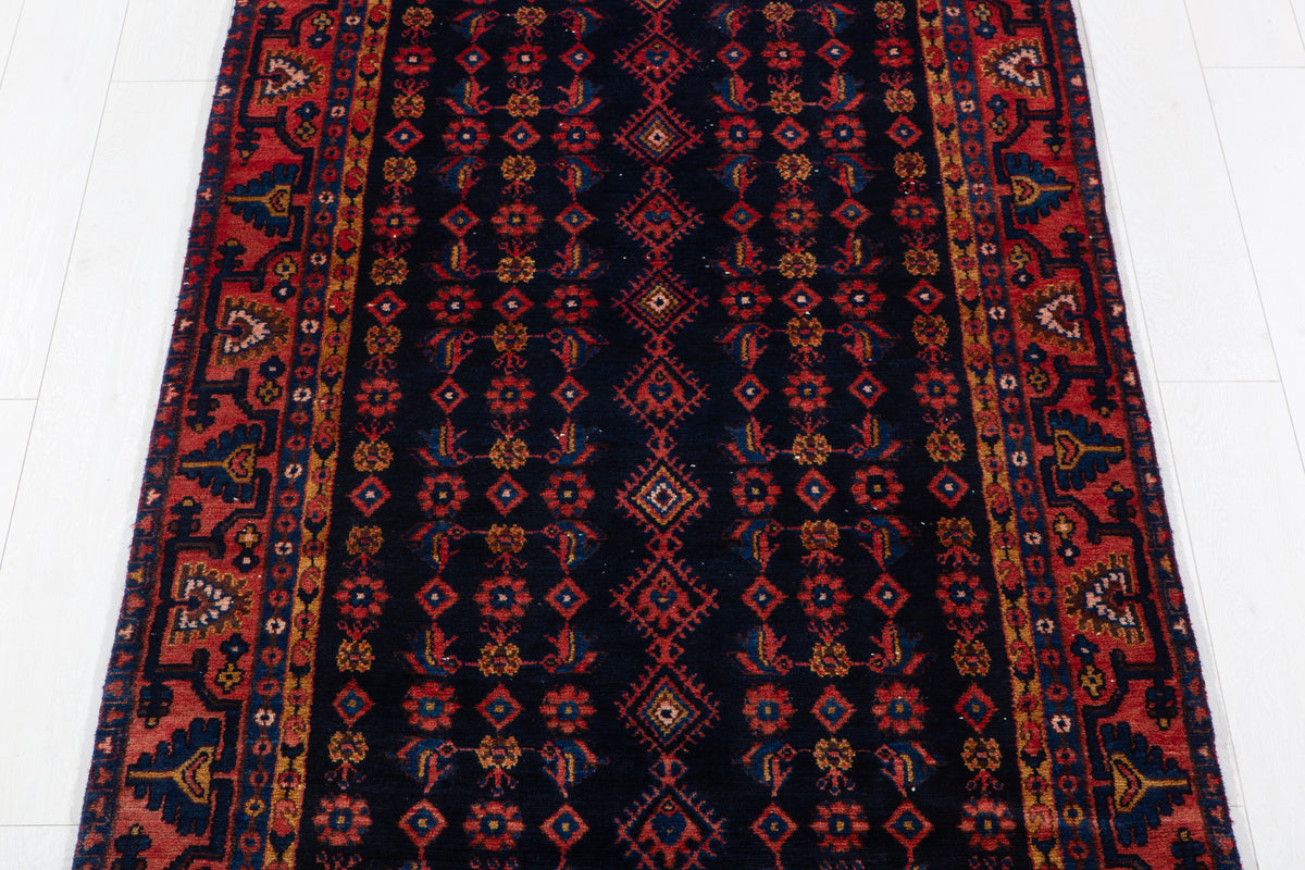 Vintage Deep Navy Blue Geometric Runner Rug – 10' 4" x 3' 9" (314 x 114 cm)
