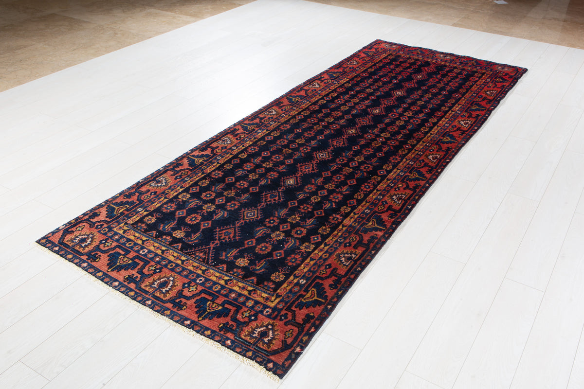 Vintage Deep Navy Blue Geometric Runner Rug – 10' 4" x 3' 9" (314 x 114 cm)