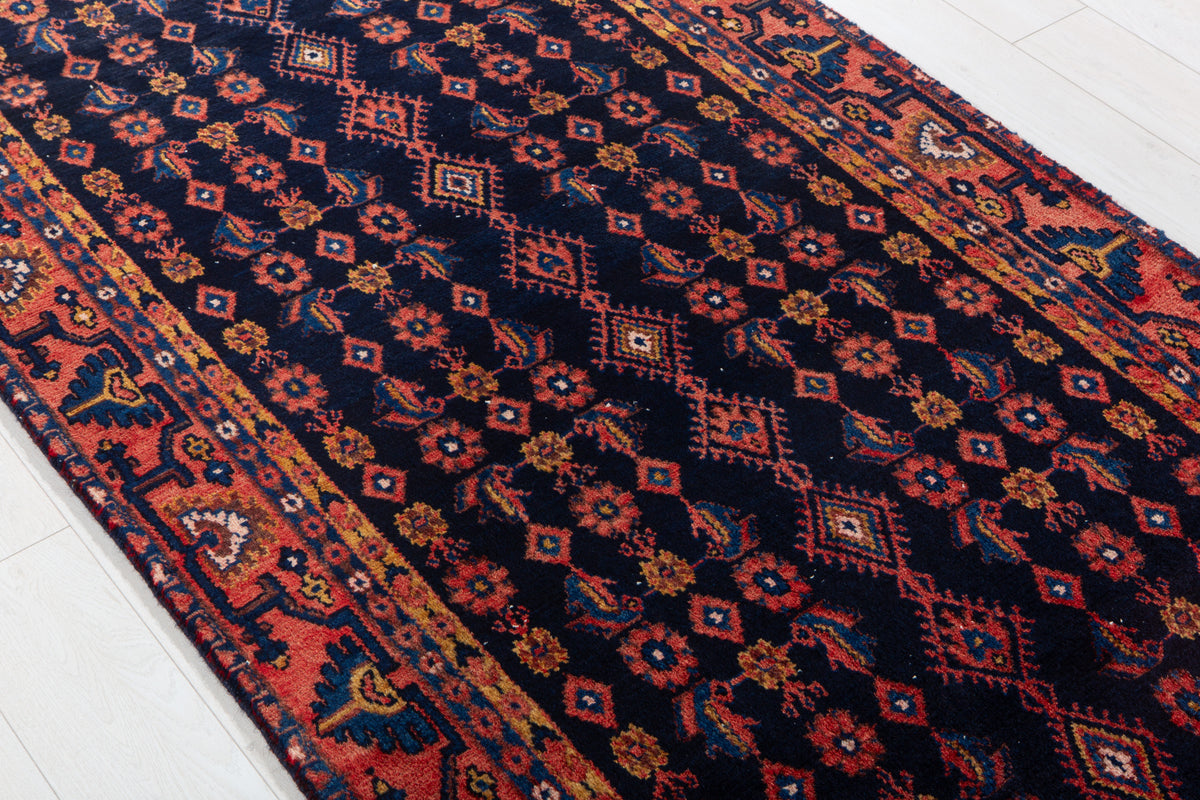 Vintage Deep Navy Blue Geometric Runner Rug – 10' 4" x 3' 9" (314 x 114 cm)