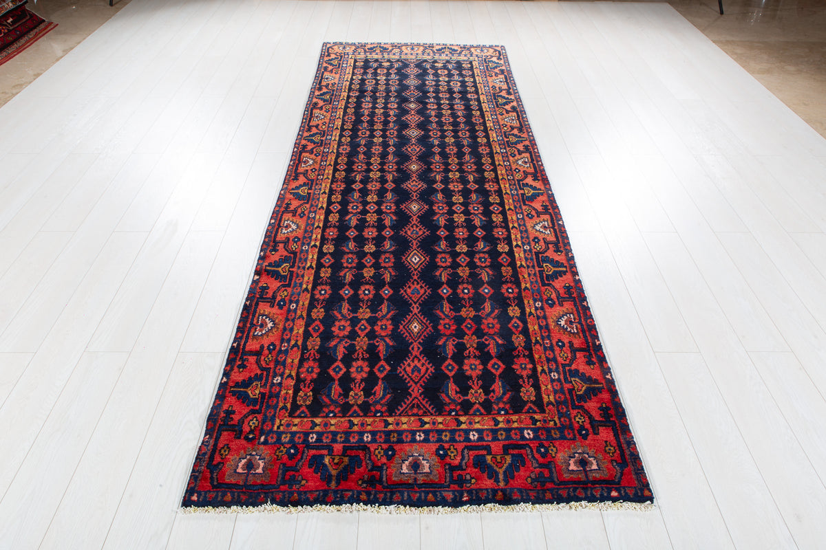 Vintage Deep Navy Blue Geometric Runner Rug – 10' 4" x 3' 9" (314 x 114 cm)