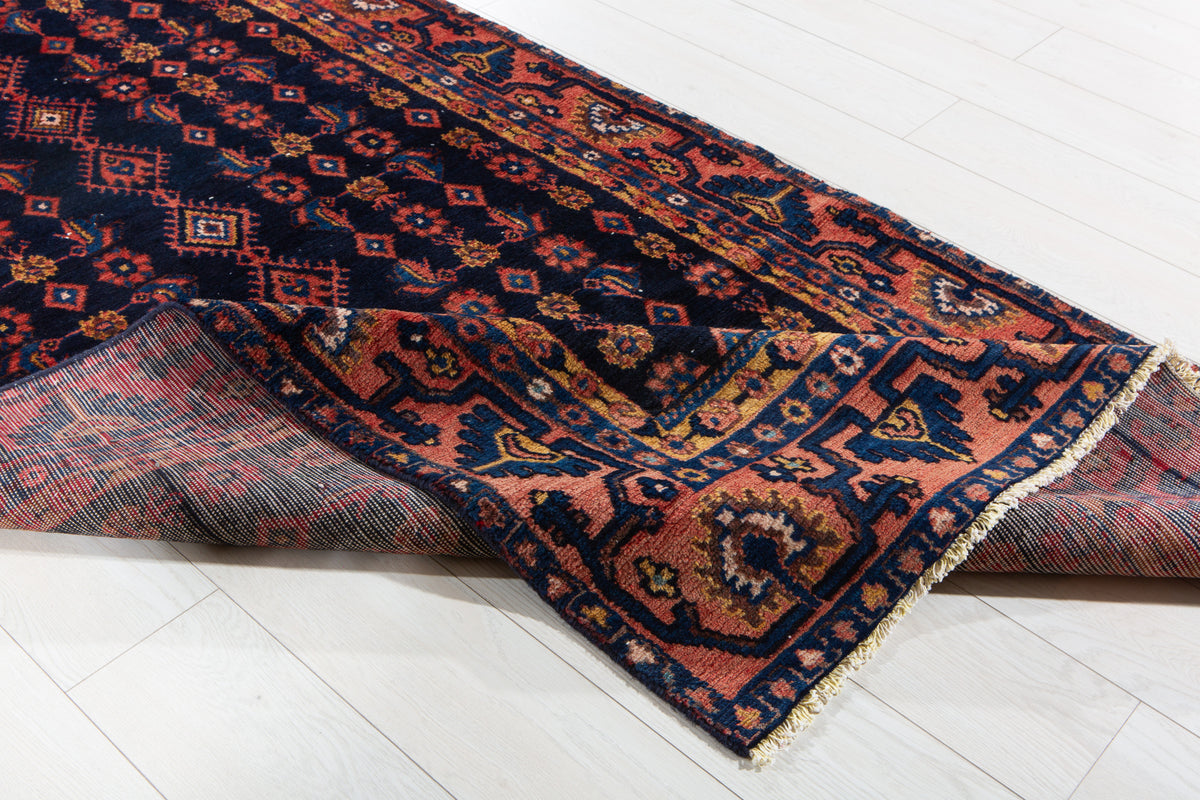 Vintage Deep Navy Blue Geometric Runner Rug – 10' 4" x 3' 9" (314 x 114 cm)