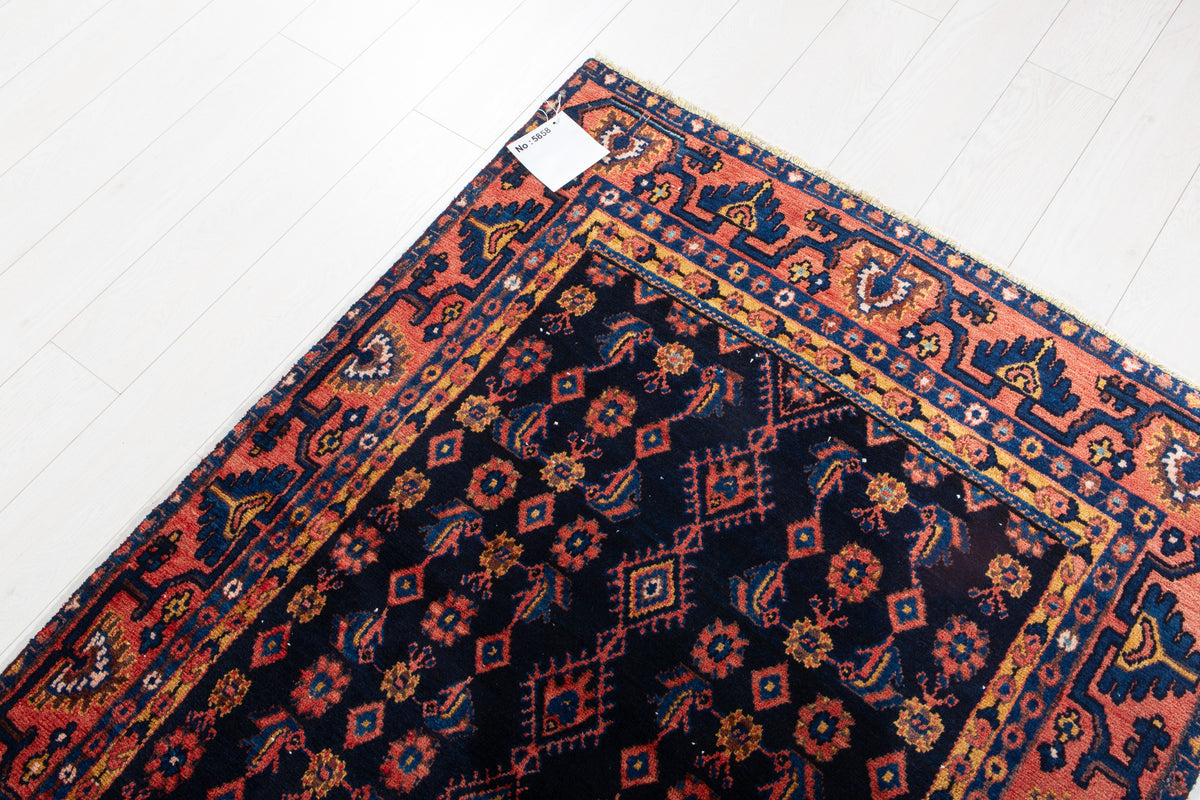 Vintage Deep Navy Blue Geometric Runner Rug – 10' 4" x 3' 9" (314 x 114 cm)