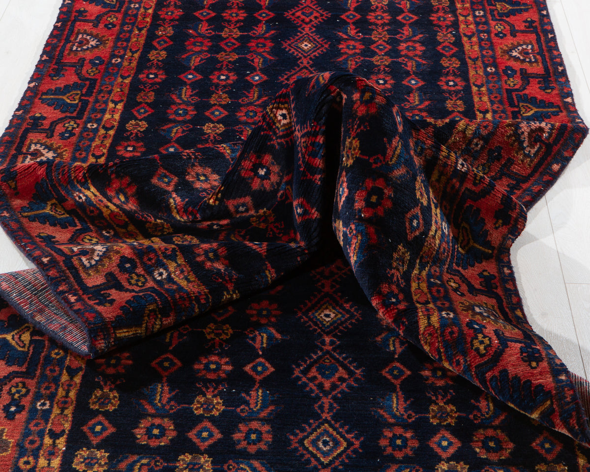 Vintage Deep Navy Blue Geometric Runner Rug – 10' 4" x 3' 9" (314 x 114 cm)