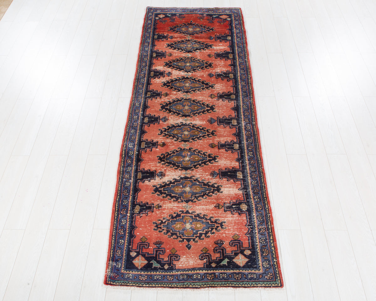 Antique Orange-Red Geometric Runner Rug – 9' 9" x 3' 5" (298 x 103 cm)