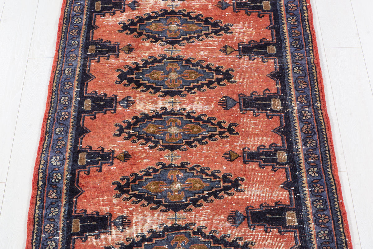 Antique Orange-Red Geometric Runner Rug – 9' 9" x 3' 5" (298 x 103 cm)