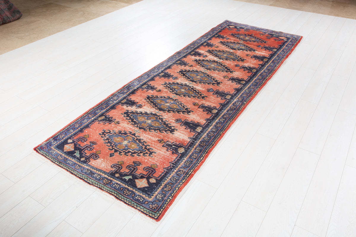 Antique Orange-Red Geometric Runner Rug – 9' 9" x 3' 5" (298 x 103 cm)