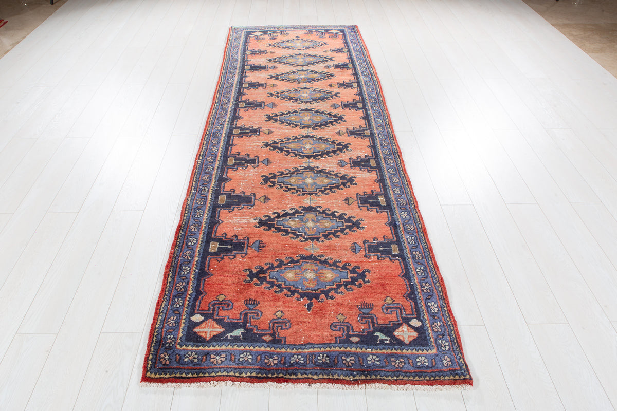 Antique Orange-Red Geometric Runner Rug – 9' 9" x 3' 5" (298 x 103 cm)