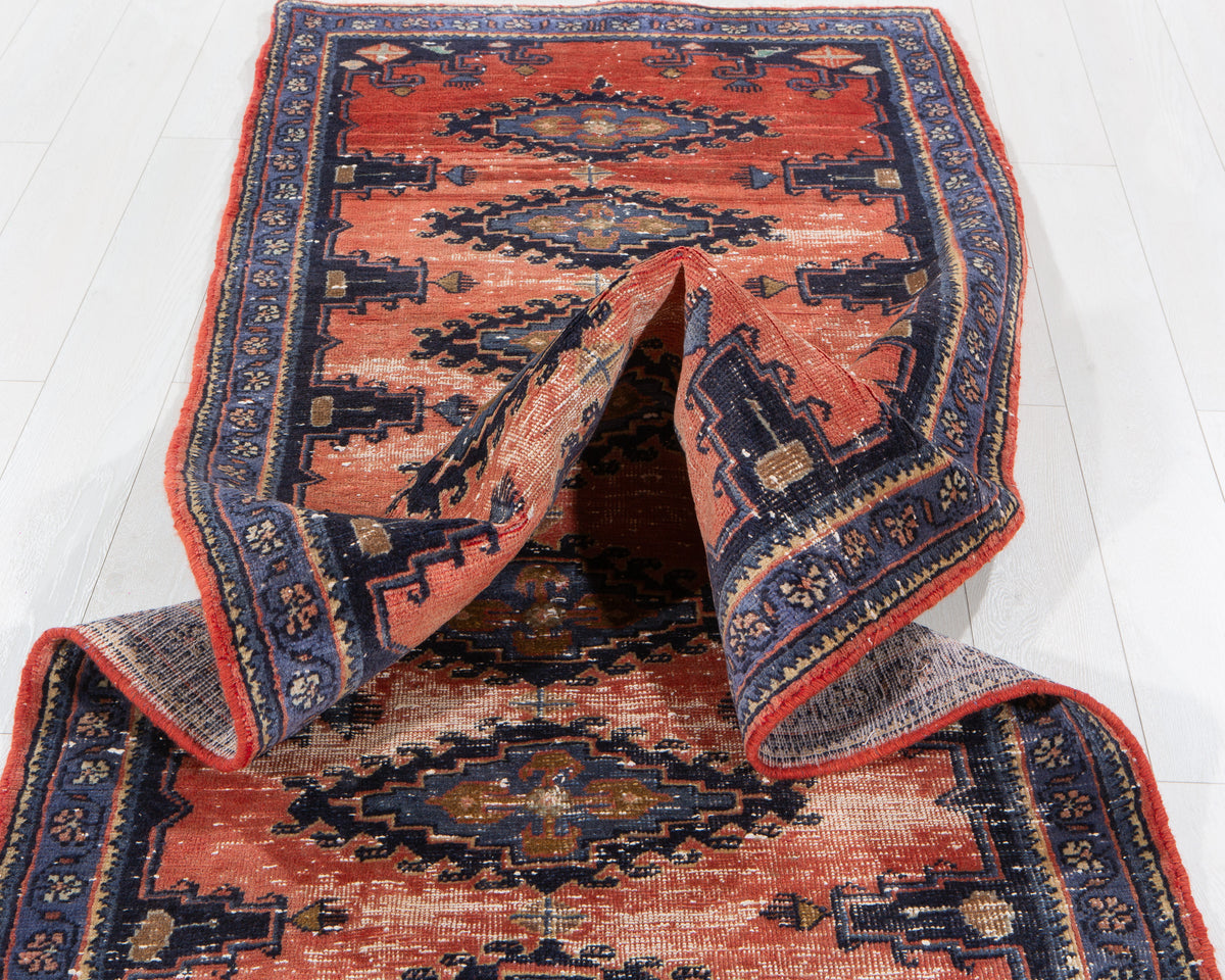 Antique Orange-Red Geometric Runner Rug – 9' 9" x 3' 5" (298 x 103 cm)