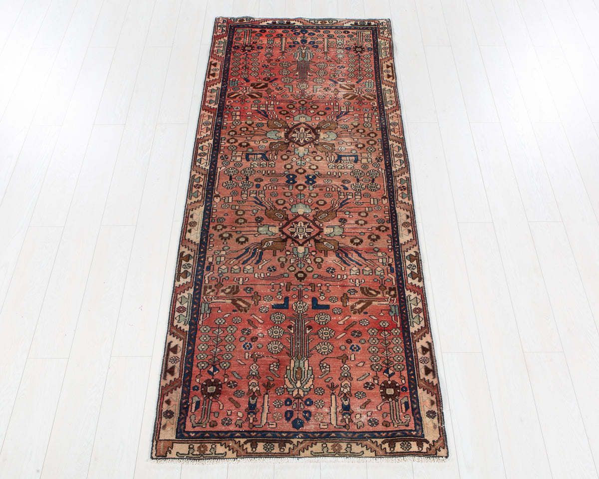 Antique Faded Rust Red Geometric Runner Rug – 7' 11" x 3' 1" (242 x 95 cm)