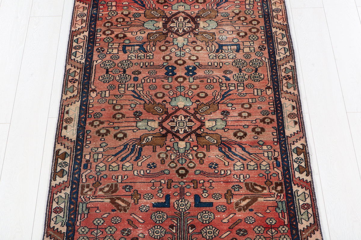 Antique Faded Rust Red Geometric Runner Rug – 7' 11" x 3' 1" (242 x 95 cm)