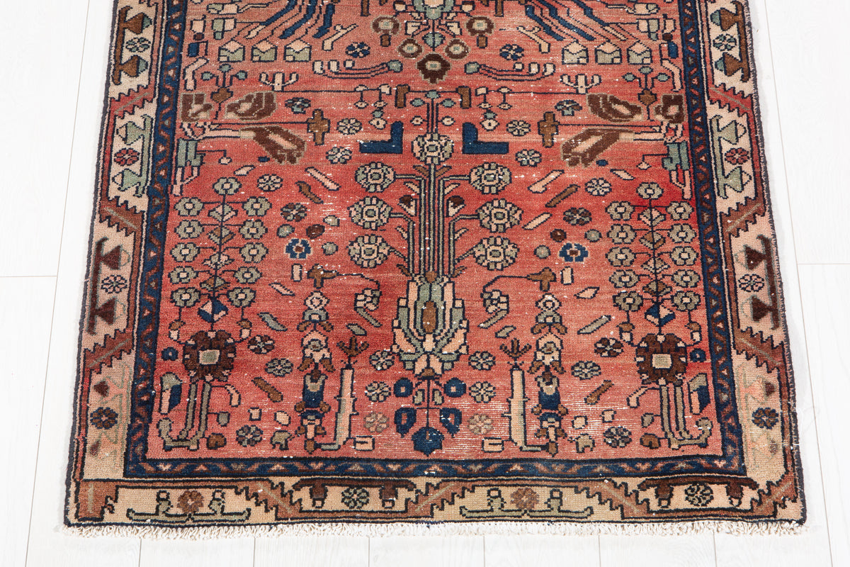 Antique Faded Rust Red Geometric Runner Rug – 7' 11" x 3' 1" (242 x 95 cm)