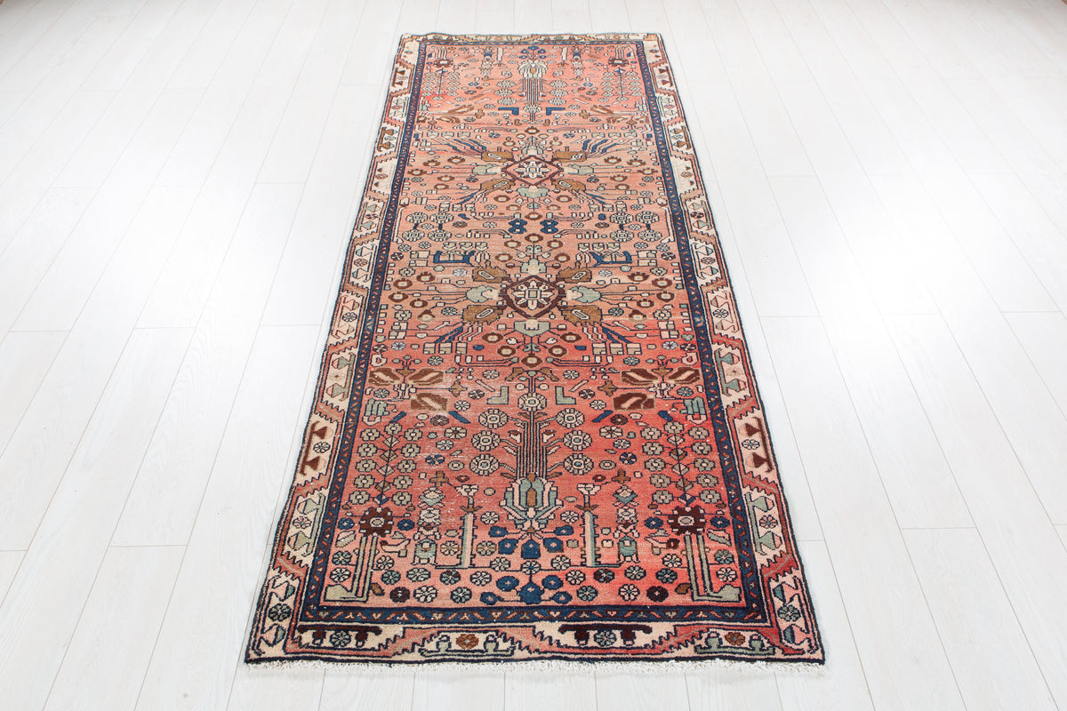 Antique Faded Rust Red Geometric Runner Rug – 7' 11" x 3' 1" (242 x 95 cm)