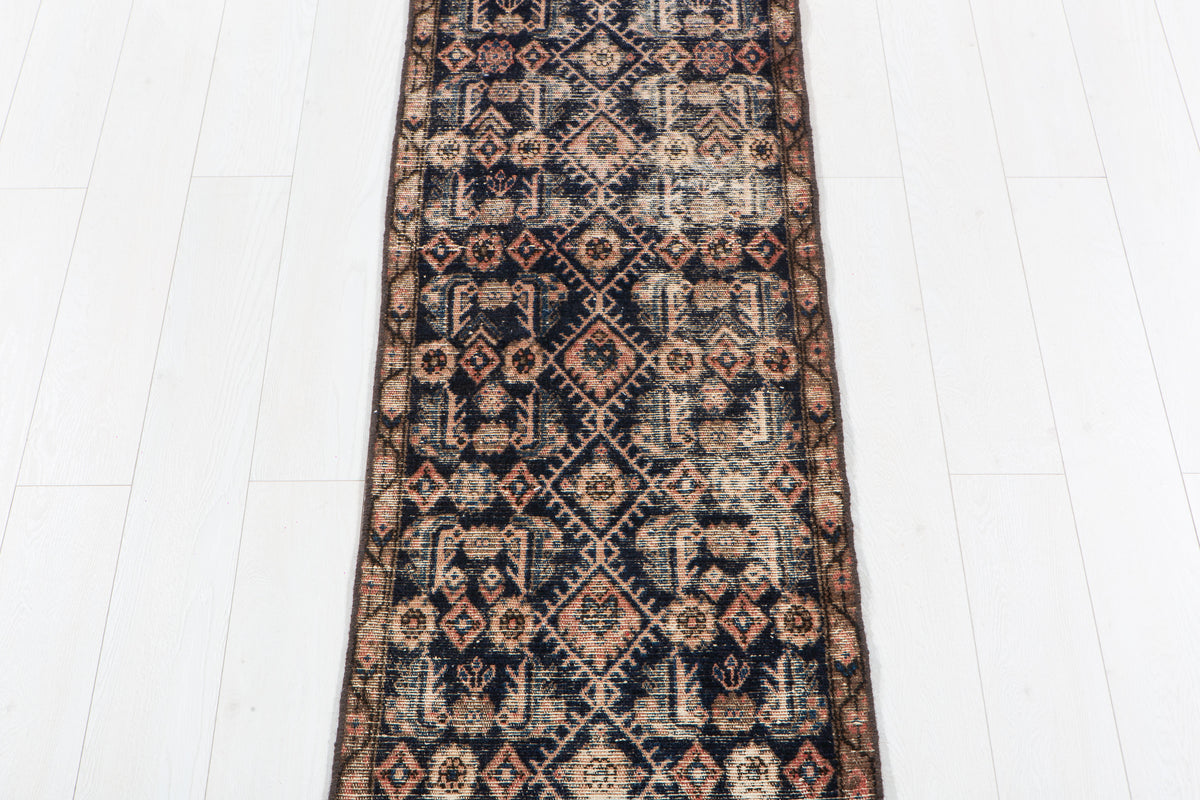Antique Deep Navy Blue Geometric Runner Rug – 11' 7" x 2' 0" (353 x 60 cm)