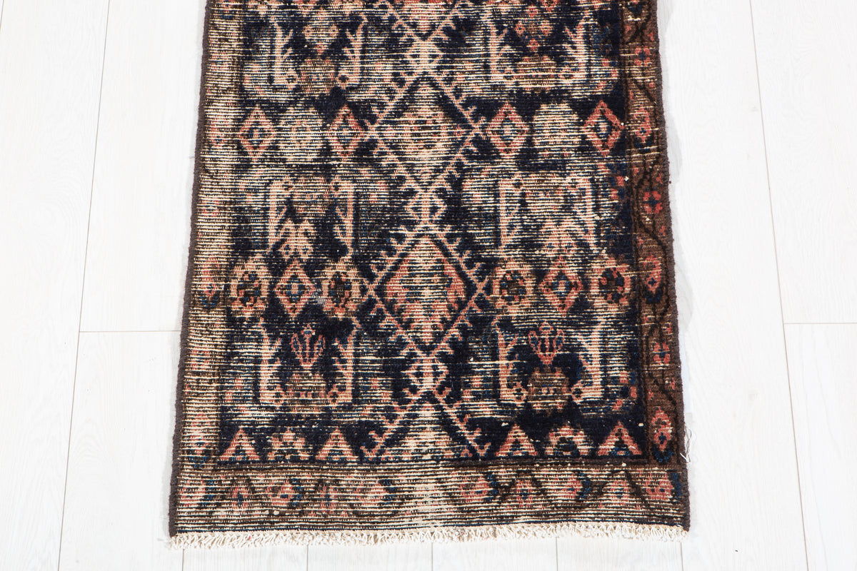 Antique Deep Navy Blue Geometric Runner Rug – 11' 7" x 2' 0" (353 x 60 cm)