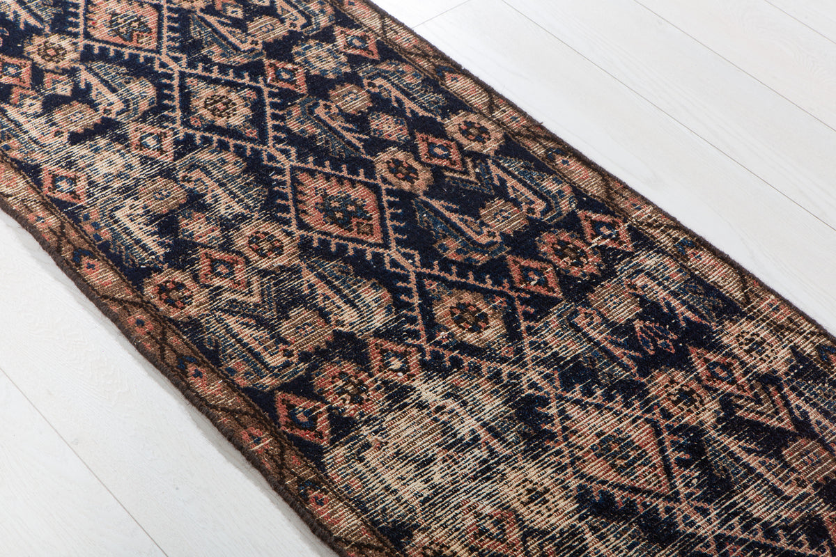 Antique Deep Navy Blue Geometric Runner Rug – 11' 7" x 2' 0" (353 x 60 cm)