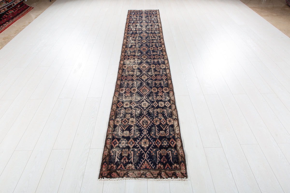 Antique Deep Navy Blue Geometric Runner Rug – 11' 7" x 2' 0" (353 x 60 cm)