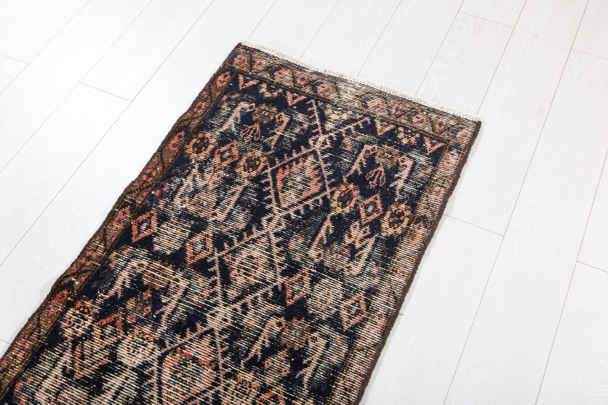 Antique Deep Navy Blue Geometric Runner Rug – 11' 7" x 2' 0" (353 x 60 cm)