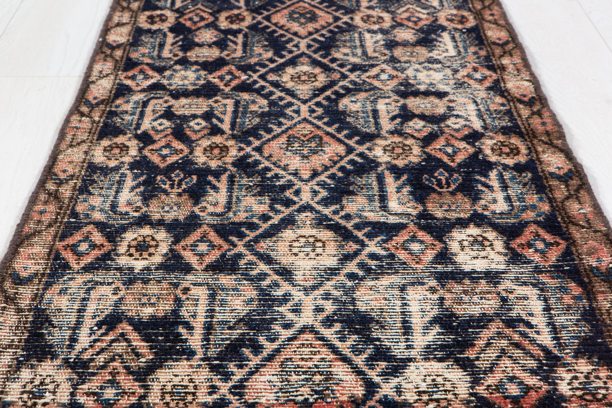 Antique Deep Navy Blue Geometric Runner Rug – 11' 7" x 2' 0" (353 x 60 cm)