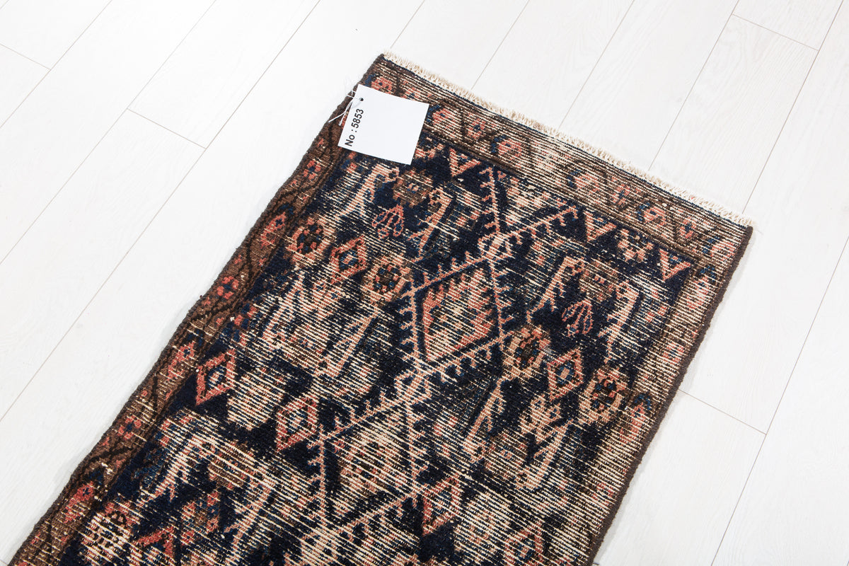 Antique Deep Navy Blue Geometric Runner Rug – 11' 7" x 2' 0" (353 x 60 cm)