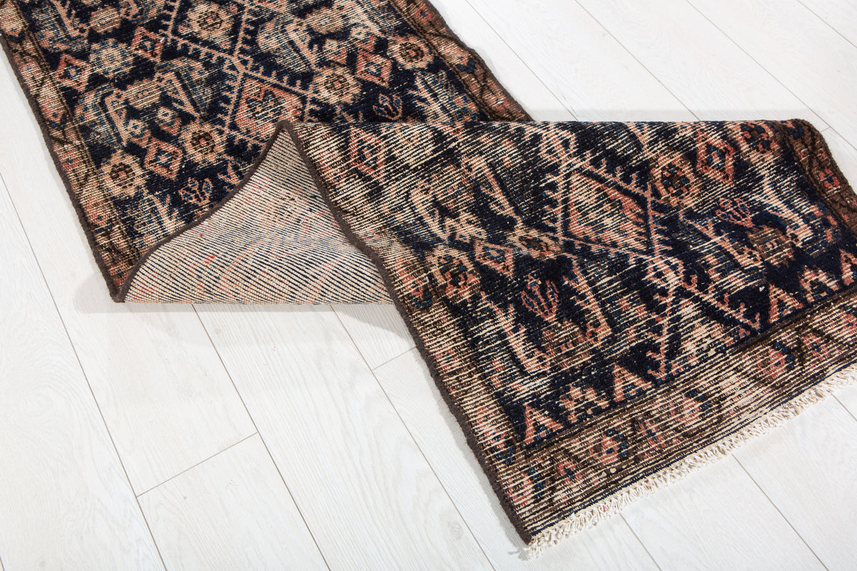 Antique Deep Navy Blue Geometric Runner Rug – 11' 7" x 2' 0" (353 x 60 cm)
