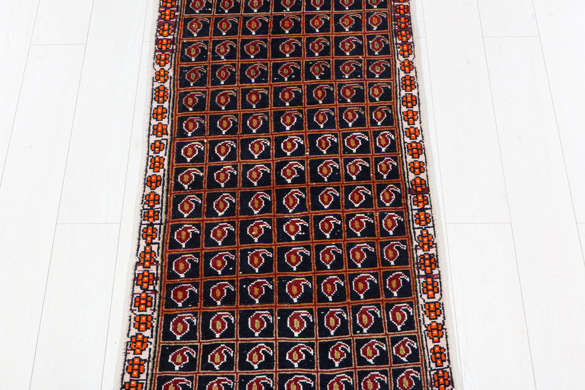 Antique Navy Blue Geometric Runner Rug – 7' 5" x 2' 2" (227 x 67 cm)