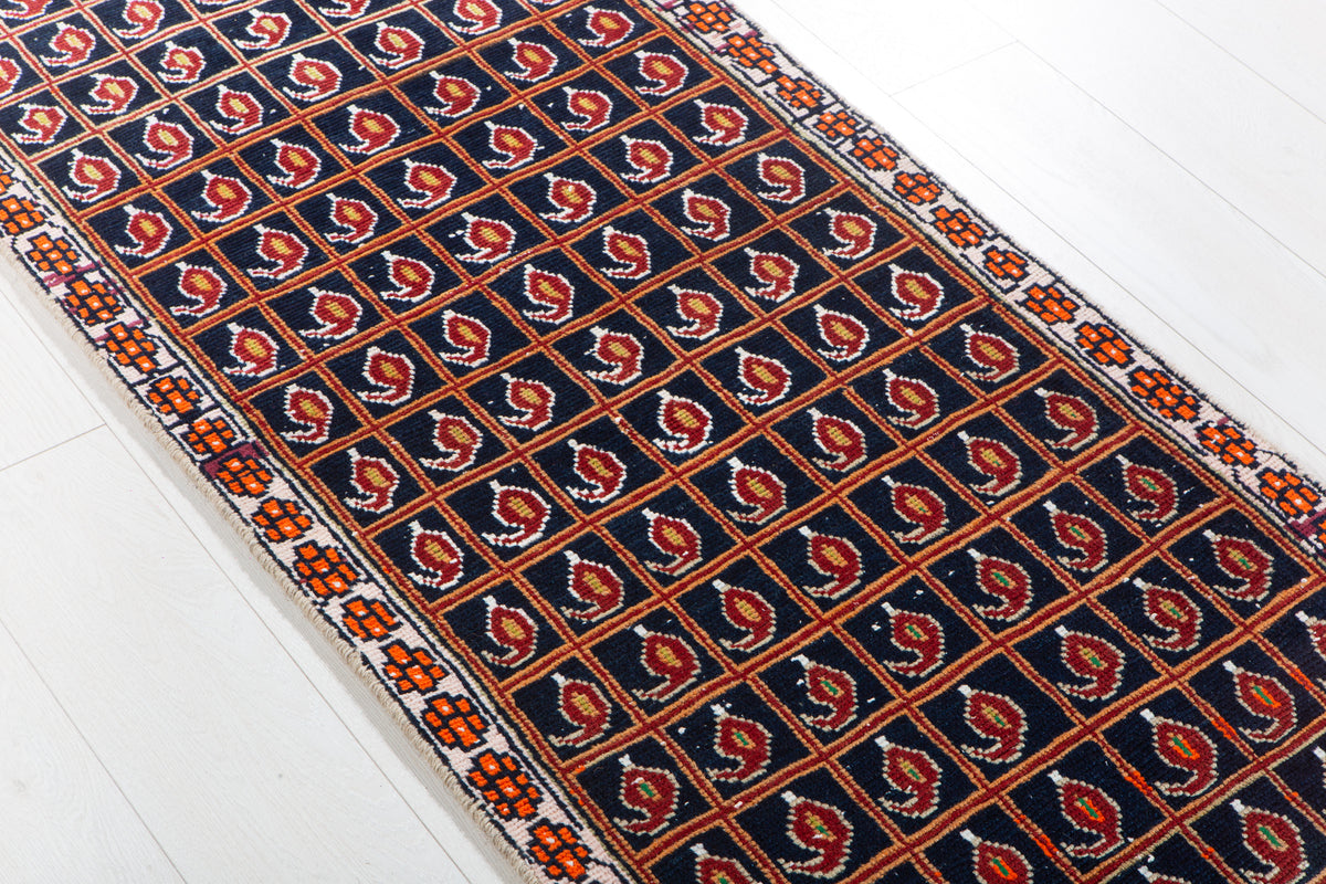 Antique Navy Blue Geometric Runner Rug – 7' 5" x 2' 2" (227 x 67 cm)