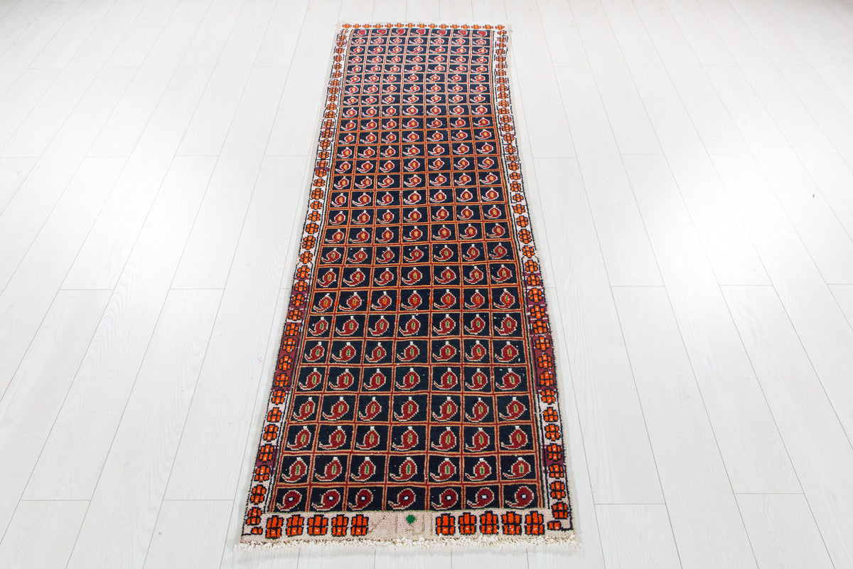 Antique Navy Blue Geometric Runner Rug – 7' 5" x 2' 2" (227 x 67 cm)