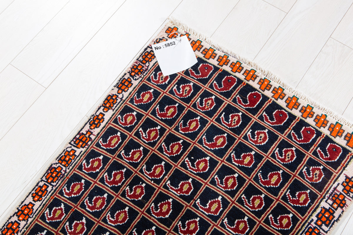 Antique Navy Blue Geometric Runner Rug – 7' 5" x 2' 2" (227 x 67 cm)