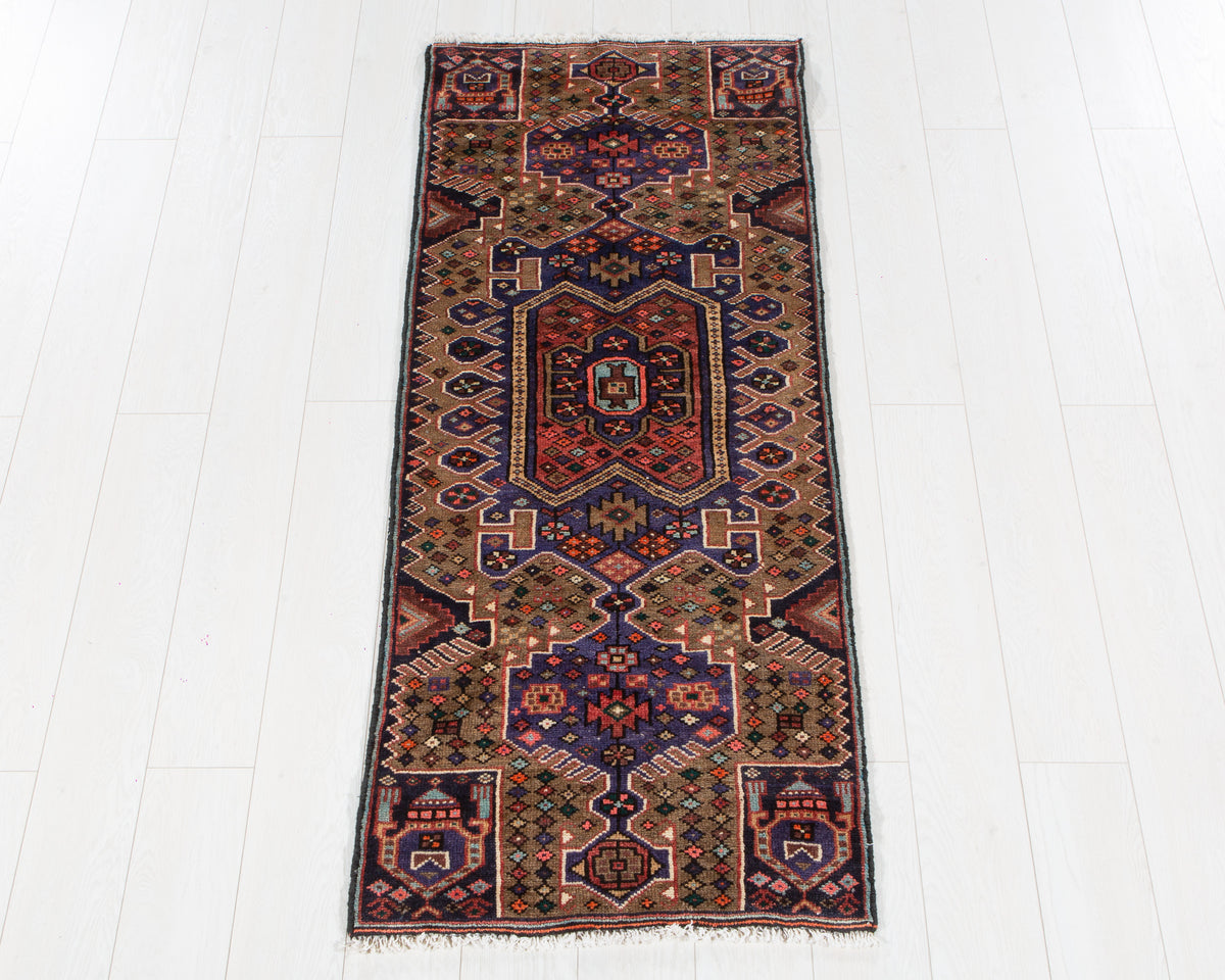 Vintage Brown & Blue Geometric Runner Rug – 5' 6" x 2' 2" (167 x 67 cm)
