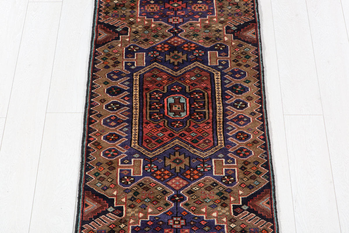 Vintage Brown & Blue Geometric Runner Rug – 5' 6" x 2' 2" (167 x 67 cm)
