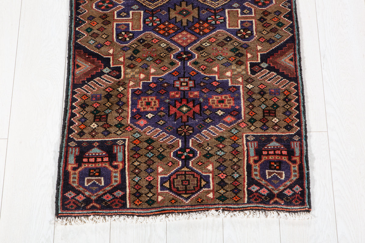 Vintage Brown & Blue Geometric Runner Rug – 5' 6" x 2' 2" (167 x 67 cm)