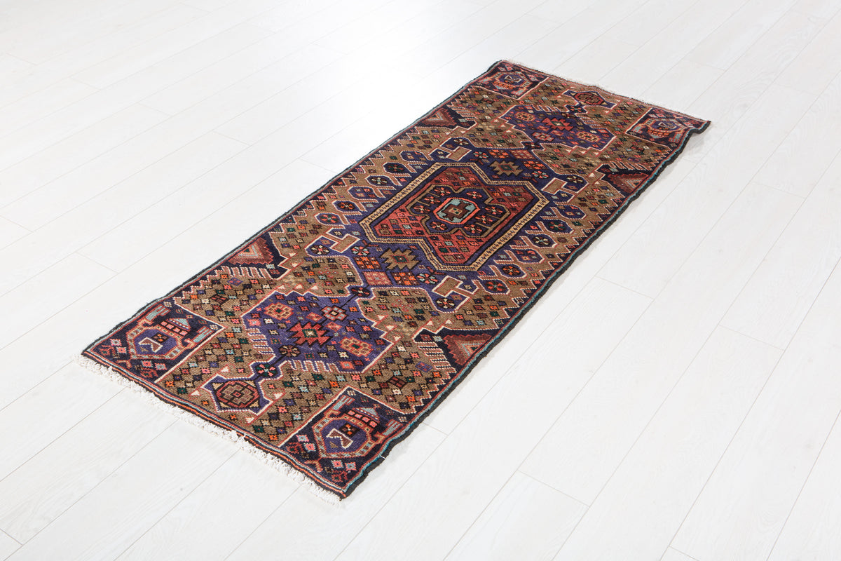 Vintage Brown & Blue Geometric Runner Rug – 5' 6" x 2' 2" (167 x 67 cm)