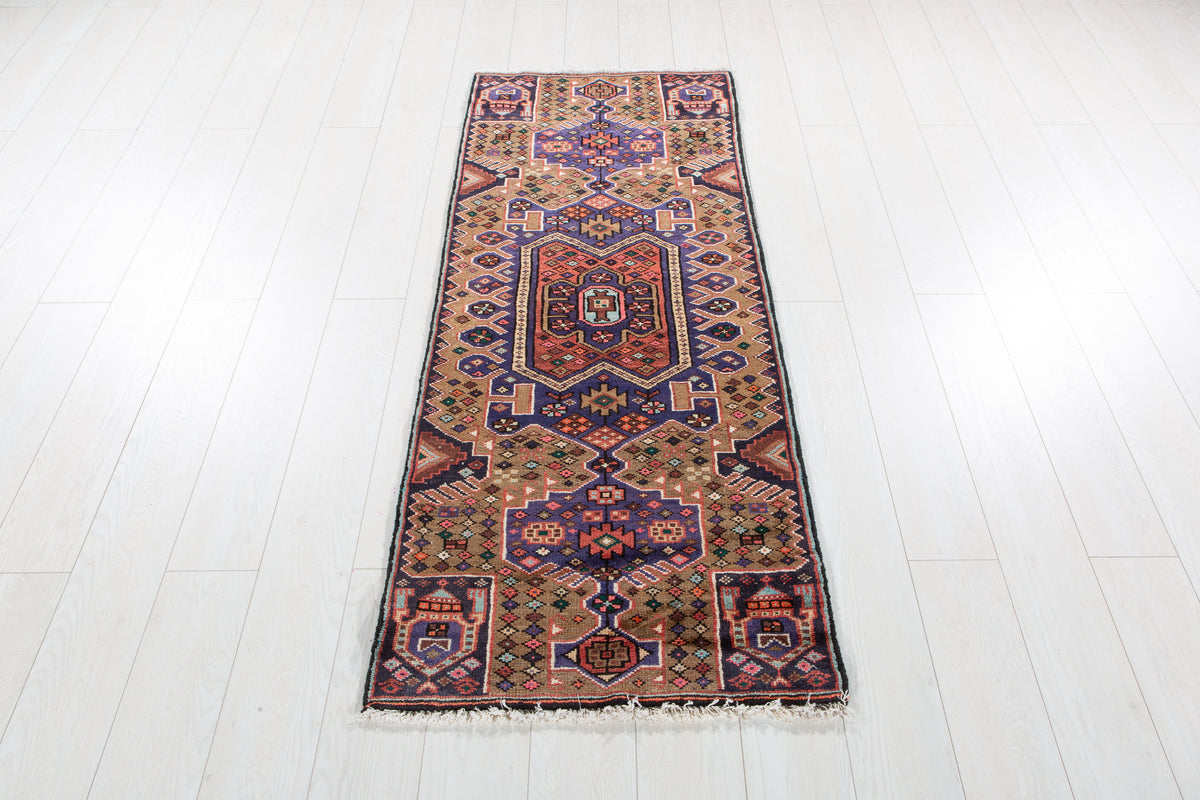 Vintage Brown & Blue Geometric Runner Rug – 5' 6" x 2' 2" (167 x 67 cm)
