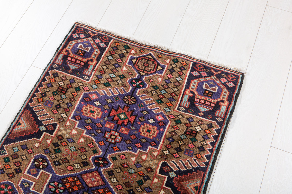 Vintage Brown & Blue Geometric Runner Rug – 5' 6" x 2' 2" (167 x 67 cm)