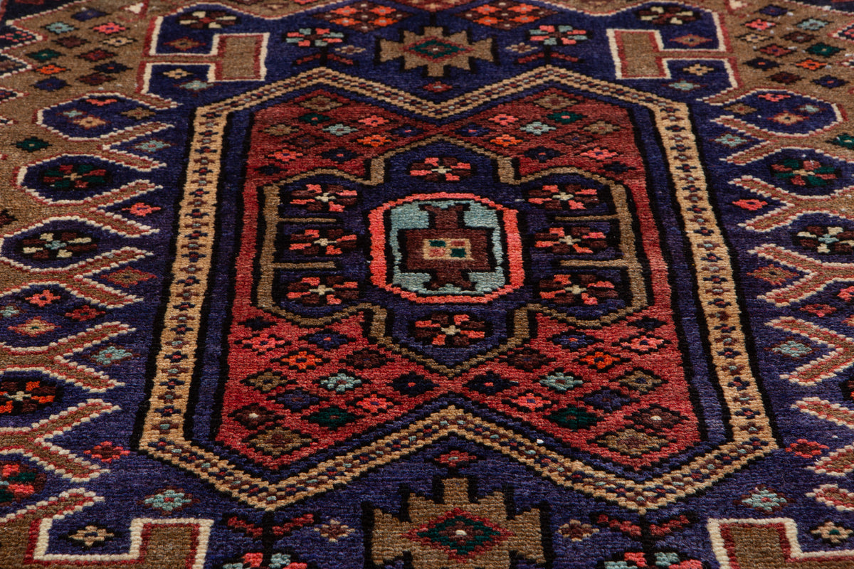 Vintage Brown & Blue Geometric Runner Rug – 5' 6" x 2' 2" (167 x 67 cm)