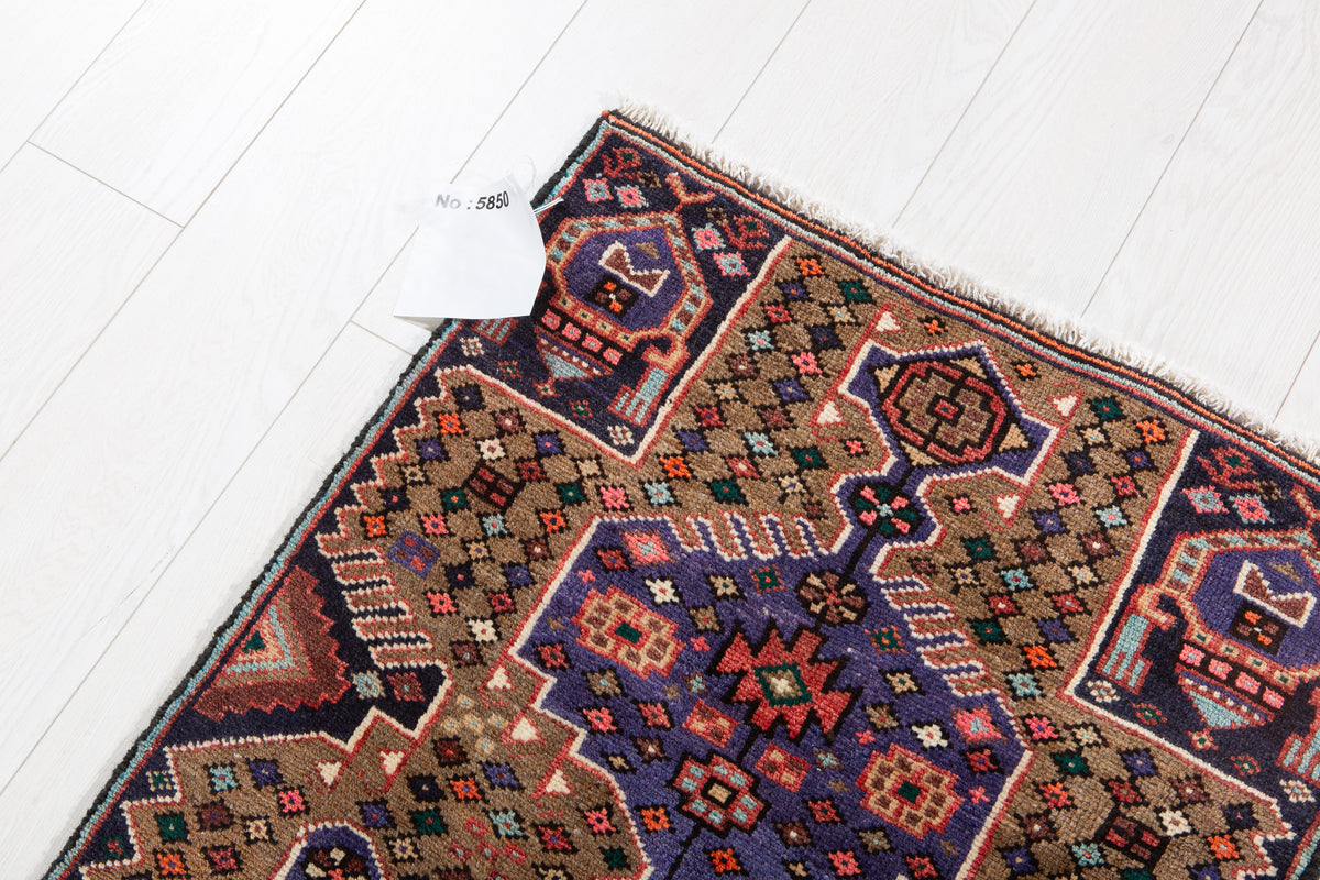 Vintage Brown & Blue Geometric Runner Rug – 5' 6" x 2' 2" (167 x 67 cm)