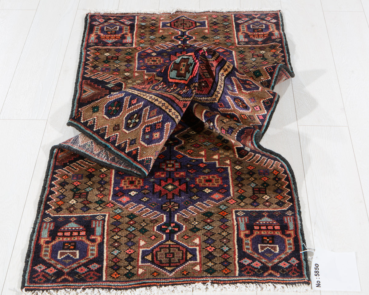 Vintage Brown & Blue Geometric Runner Rug – 5' 6" x 2' 2" (167 x 67 cm)